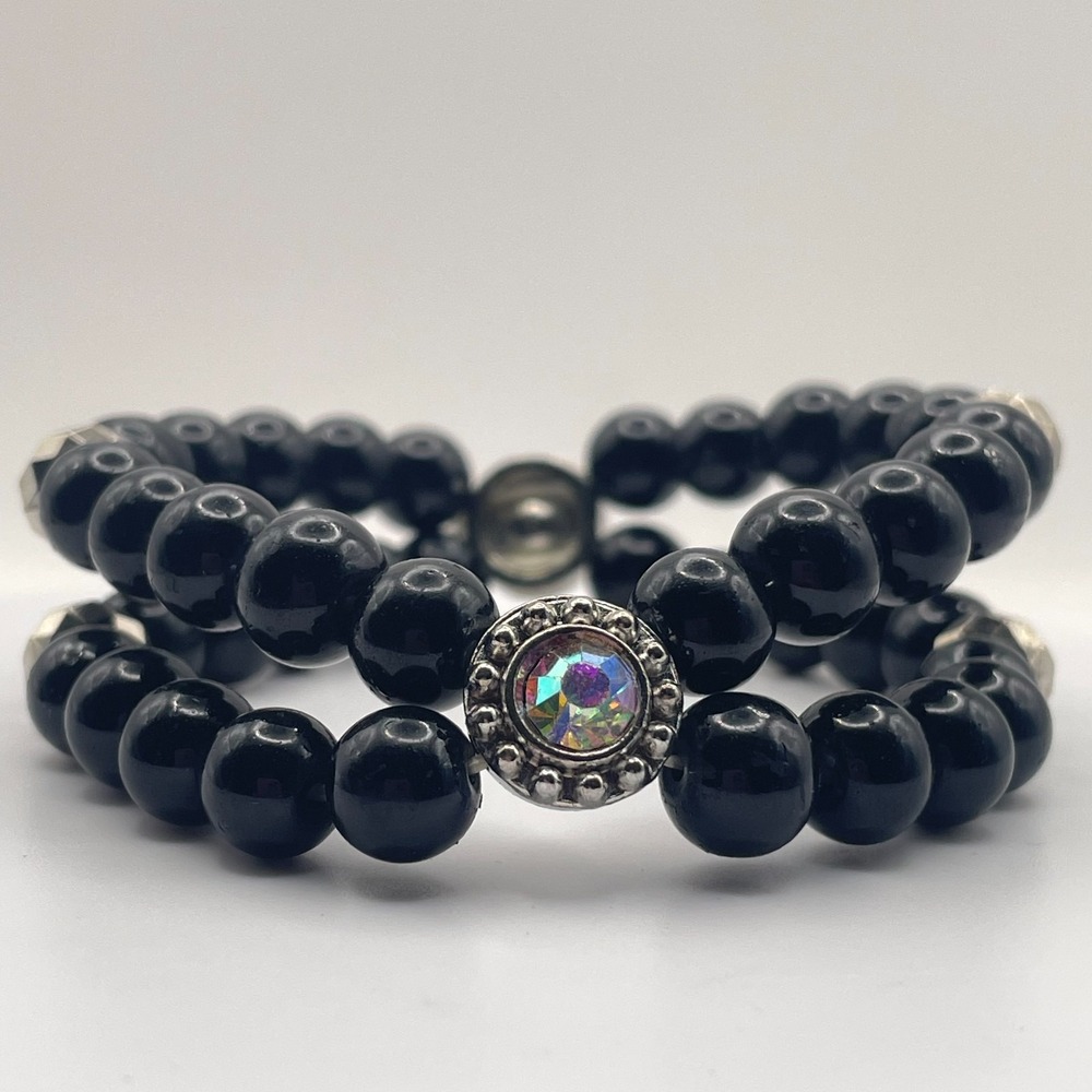 Vintage Black Beaded Double Strand Stretch Bracelet Aurora Borealis Rhinestone